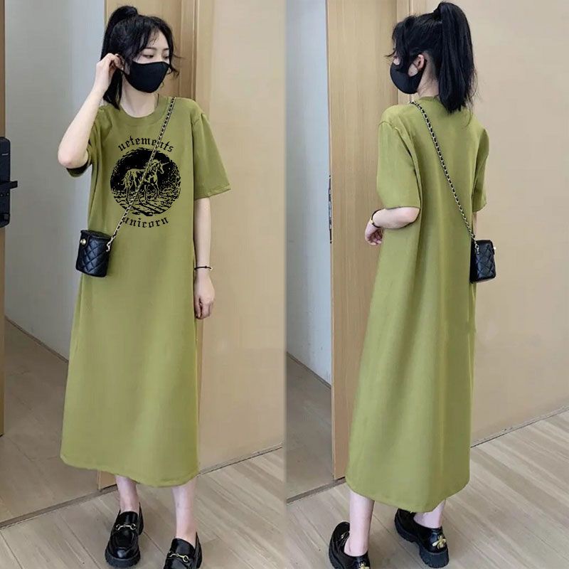 Đầm Thun Dài Qua Gối Tay Ngắn Dáng Rộng Phong Cách Hàn Quốc Thời Trang Mùa Hè Cho Nữ