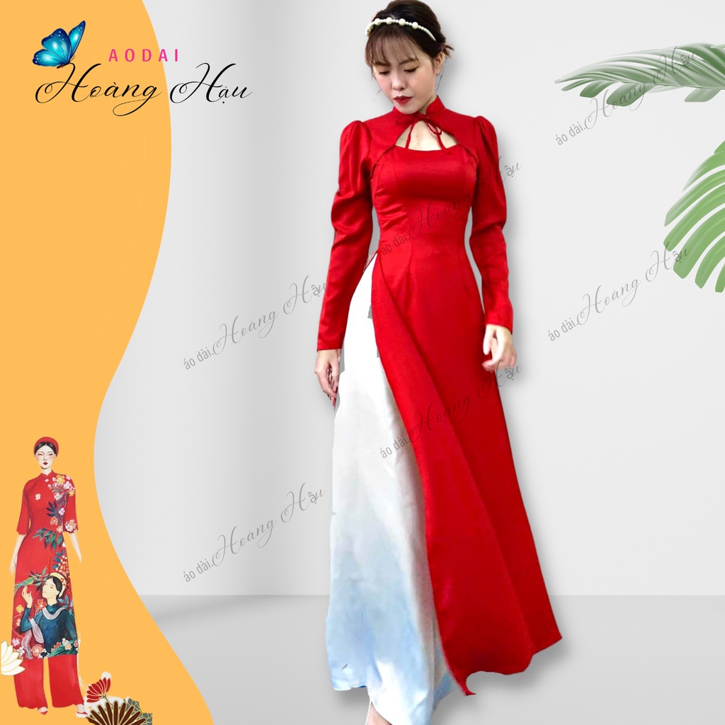Áo Dài Cách Tân Nữ Tay Bồng Cổ Cột Nơ⚡ TẶNG KÈM MẤN ⚡ Áo Dài 2 Tà Truyền Thống