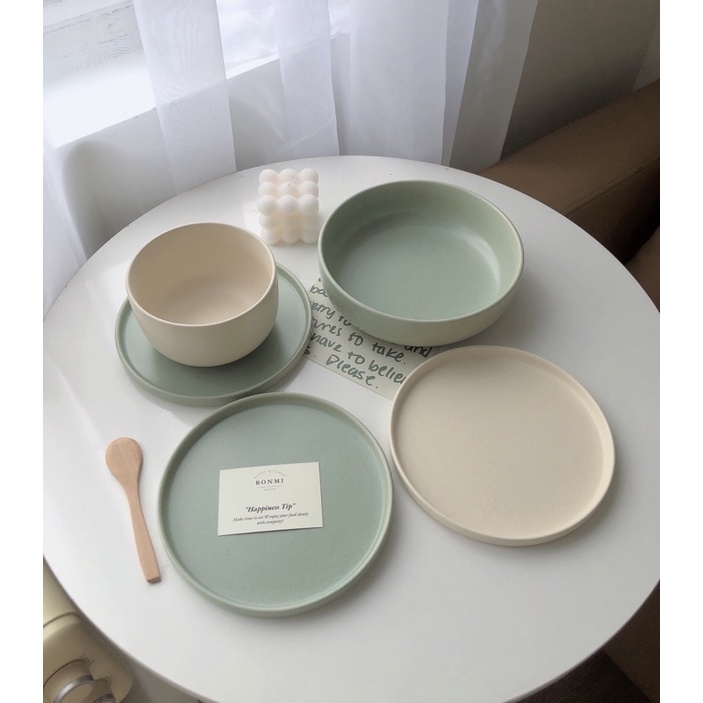 Clip tự quay - Set Tô đĩa men tiêu gốm matte cao cấp, bảng màu pastel Hàn Quốc BONMI