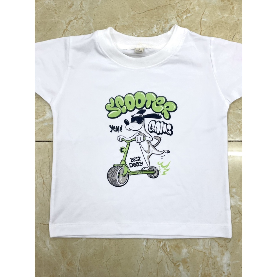 Áo thun bé traI bé gái trẻ em in hình chú chó chạy xe dễ thương coton co giản thoải mái