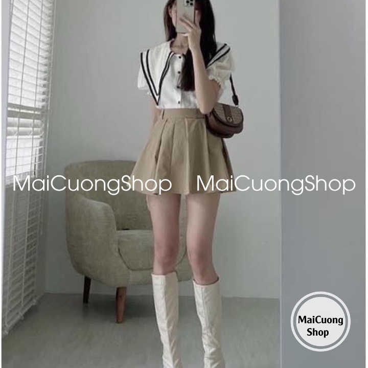 Sét Áo Sơ Mi Tơ Cổ Lá Mix Chân Váy Xếp Ly Kèm Đai