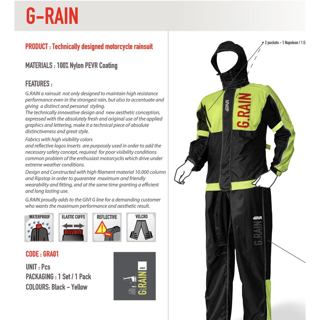 Áo mưa bộ Givi mẫu G-Raint, Rainsuit bộ áo mưa cao cấp, chống thấm tuyệt đối, hàng Givi chính hãng, mới 100%