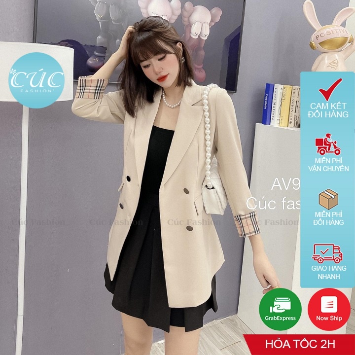 Áo blazer nữ CÚC FASHION áo khoác dáng dài thời trang Hàn Quốc tay ngắn đẹp đen trắng vest 2022 tay phối kẻ caro AV97 | BigBuy360 - bigbuy360.vn