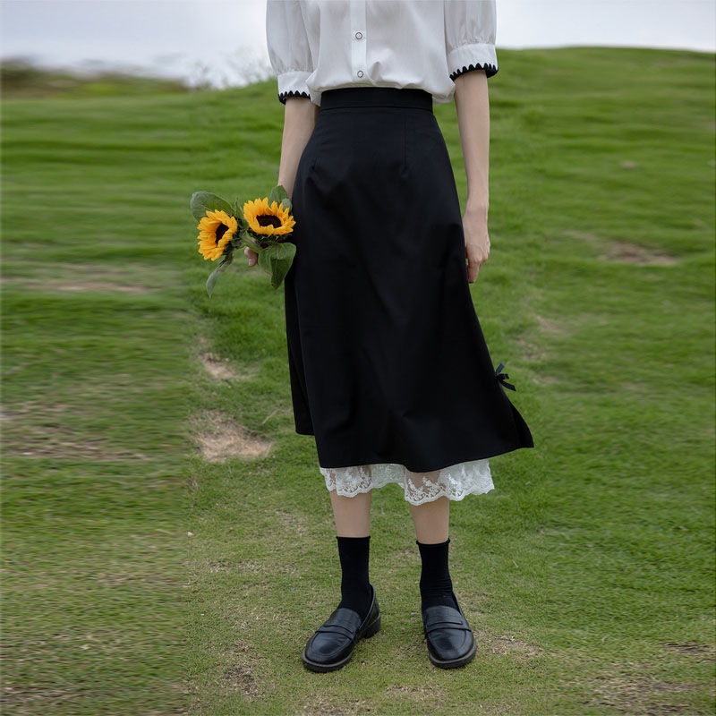 Chân váy đen lưng cao xẻ tà phong cách mùa hè thanh lịch cho nữ