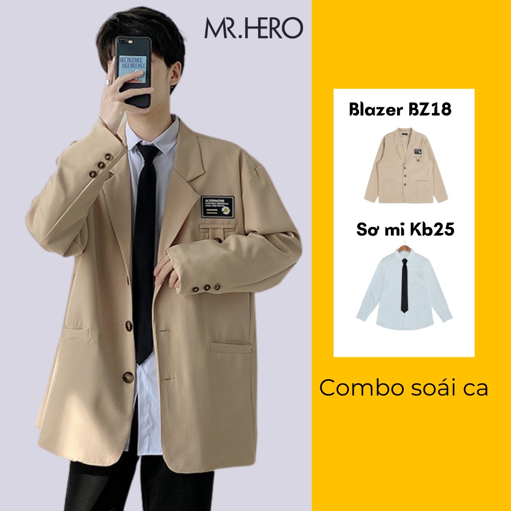 Áo blazer nam dài tay form rộng BZ18 M.RO mà be phong cách Hàn Quóc Mrhero