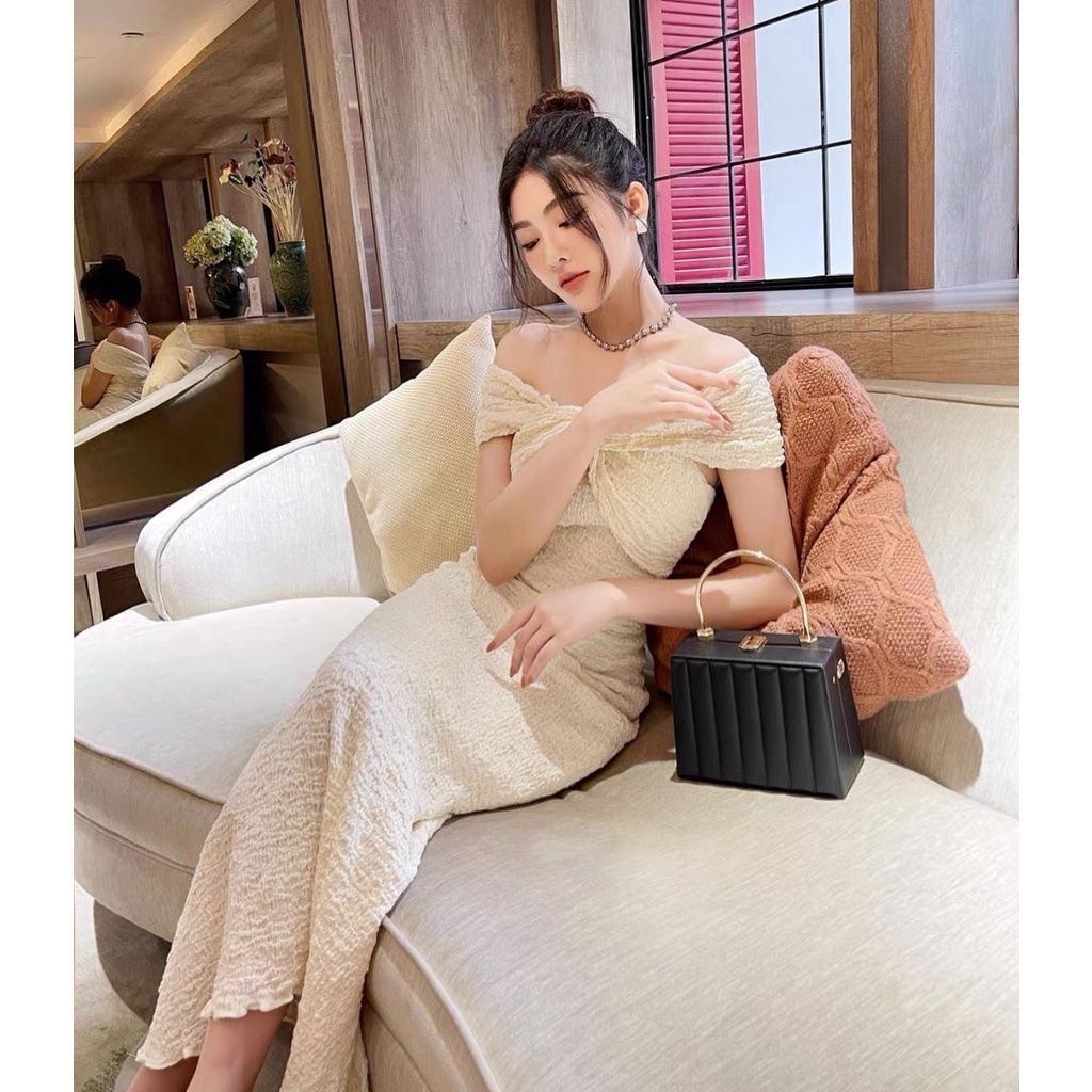 ✨BÁN SỈ✨Đầm trắng trễ vai nhăn 2 lớp loại dài