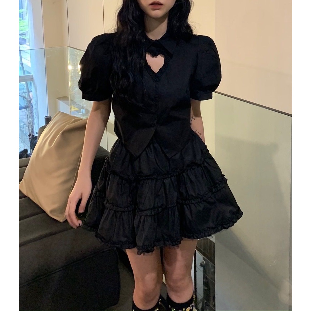 Set Áo Sơ Mi Tay Phồng Kèm Chân Váy Ngắn Xếp Tầng Thời Trang Mùa Hè Dành Cho Nữ