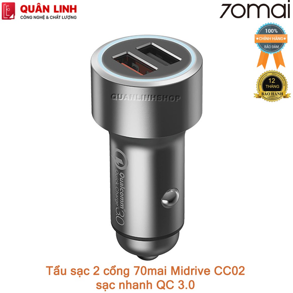 Tẩu sạc nhanh 2 cổng trên xe hơi 70mai Midrive CC02, bảo hành 12 tháng