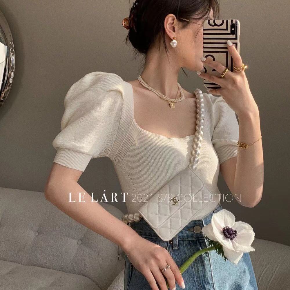 Áo Dệt Kim Tay Ngắn Cổ Vuông Dáng Ôm Thời Trang Quyến Rũ Cho Nữ