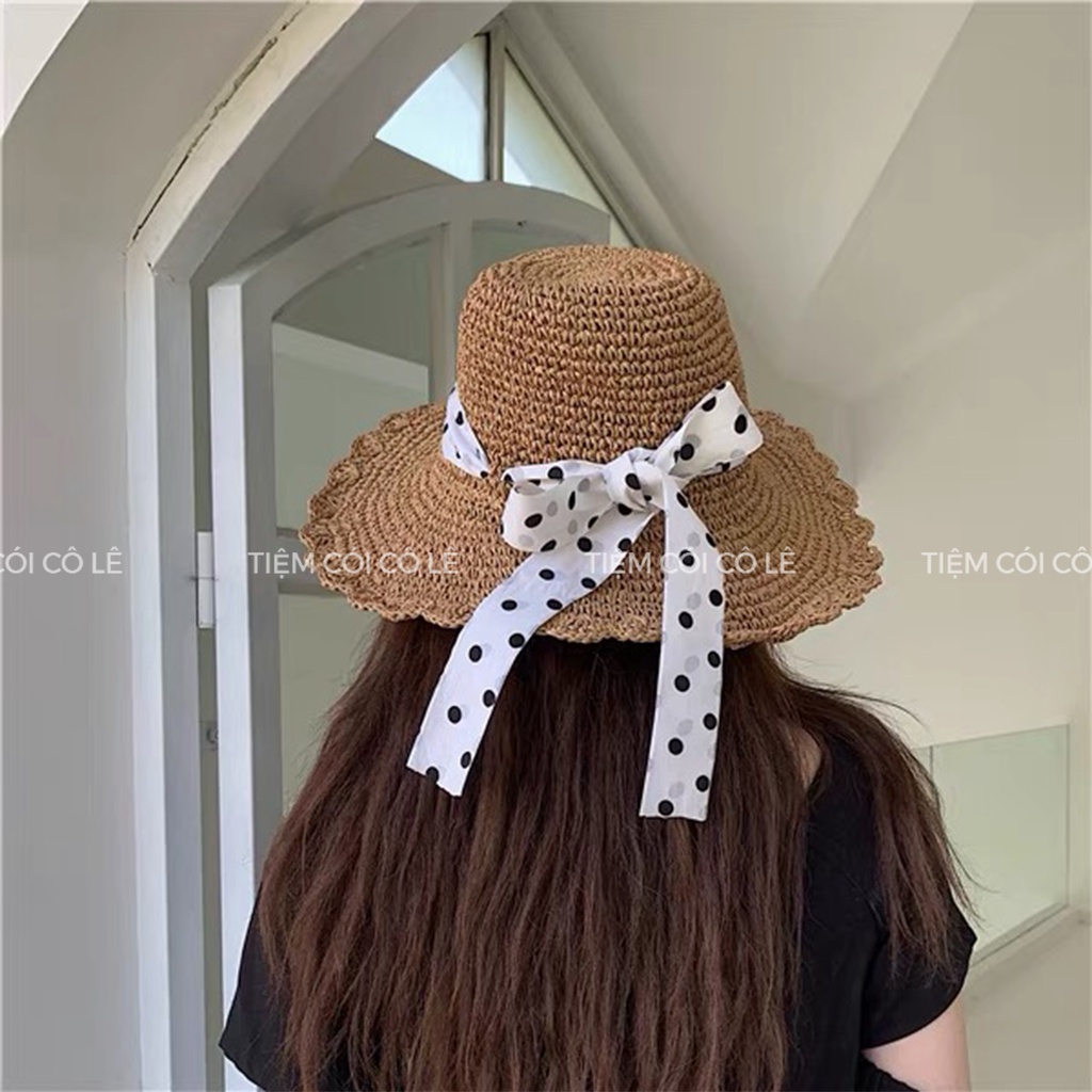 Nón cói rộng vành quai chấm bi đội 2 kiểu đi biển, dã ngoại, chụp ảnh - Tiệm Cói Cô Lê