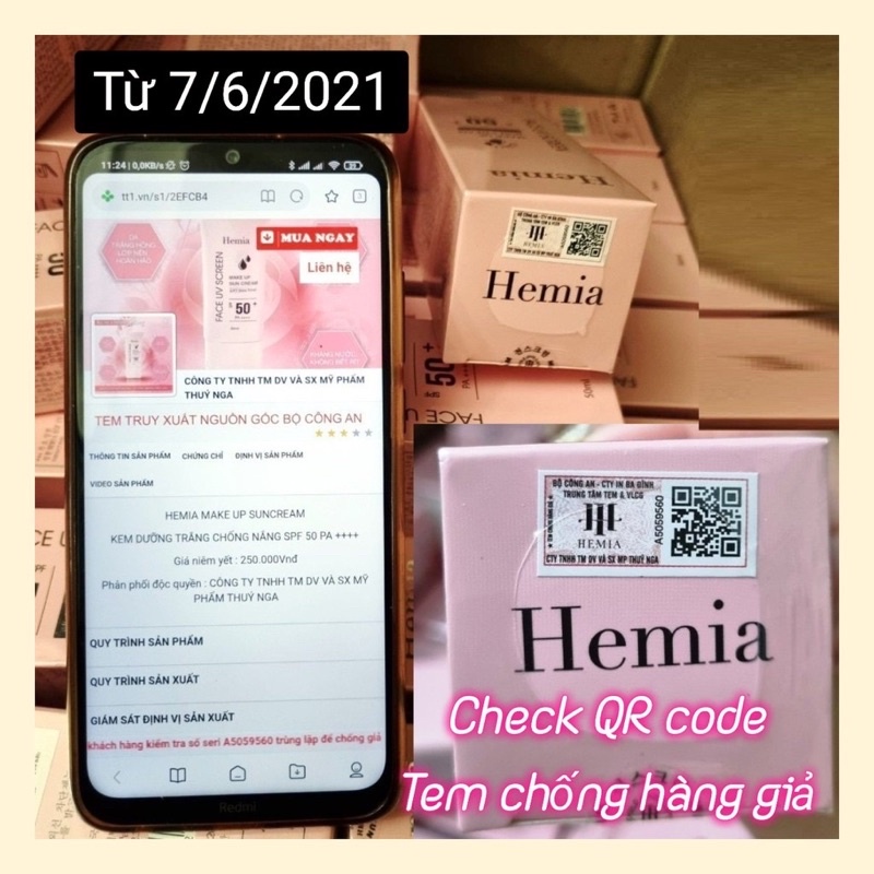 Kem Chống Nắng HEMIA Chính Hãng có tem chống hàng giả mã QR