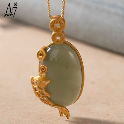 Vòng cổ Mạ Bạc 925 Mặt Hình Cá Chép Đính Đá Ngọc Lam Phong Cách Retro