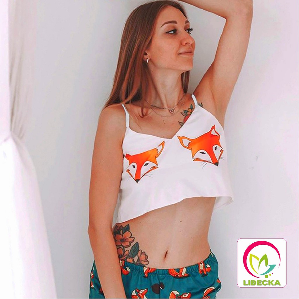 Bộ đồ ngủ Pijama nữ quần đùi cộc áo hai dây Croptop họa tiết tinh nghịch đáng yêu chât liệu Satin cao cấp LIBECKA BDN03