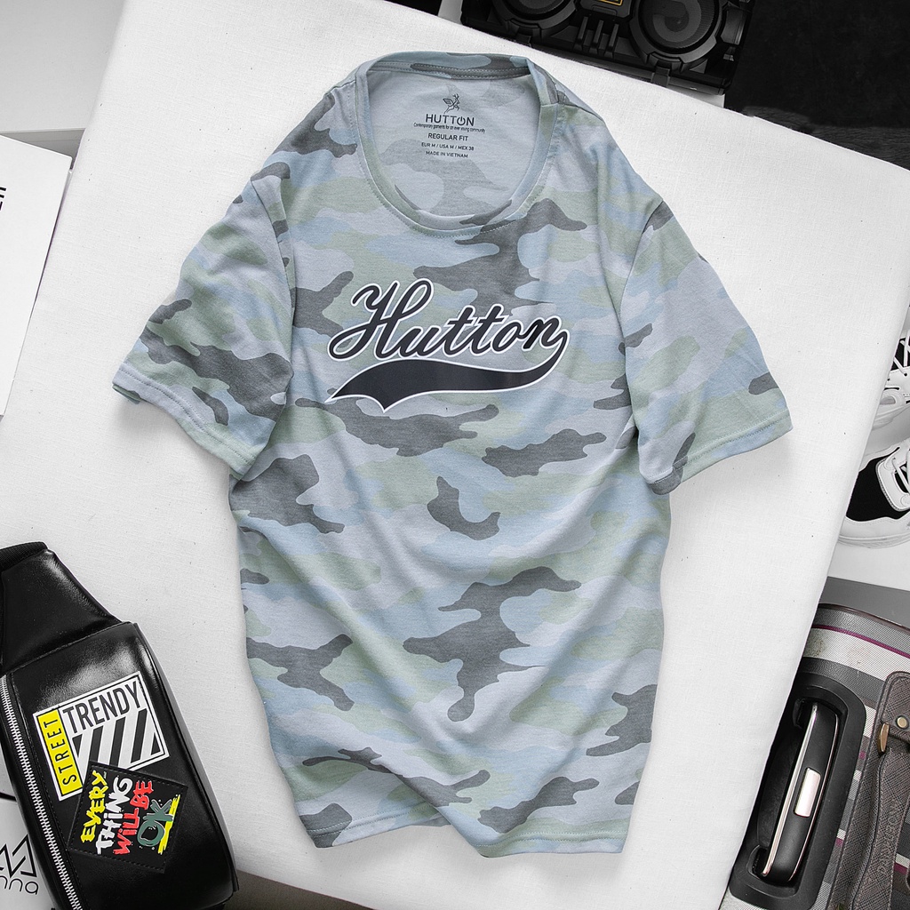 Áo Phông Nam HUTTON, Áo Thun Nam Cổ Tròn Hoạ tiết Camo, LOGO in to, Chất liệu thoáng mát