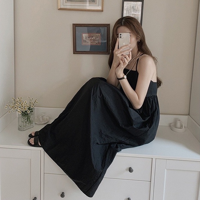 SUXI Korean Style All-match Slim Fit Solid Color Sleeveless Sweet Suspender Dress