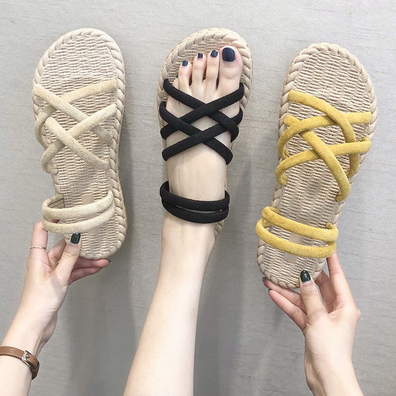 Sandal Nữ ulzzang Dây Đan Chéo Giả Cói Siêu Xinh MBS361 - Mery Shoes
