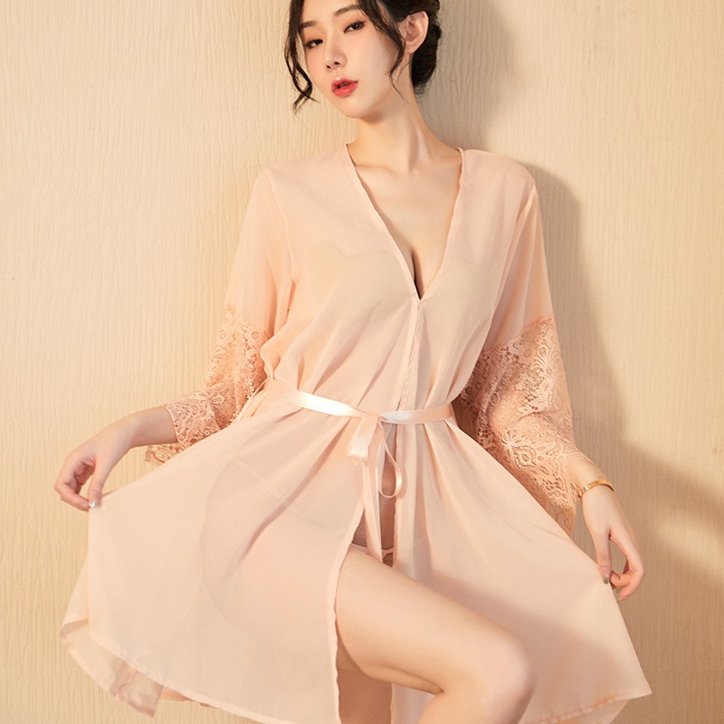 mẫu mới*Áo choàng ngủ Kimono tay pha ren xuyên thấu gợi cảm