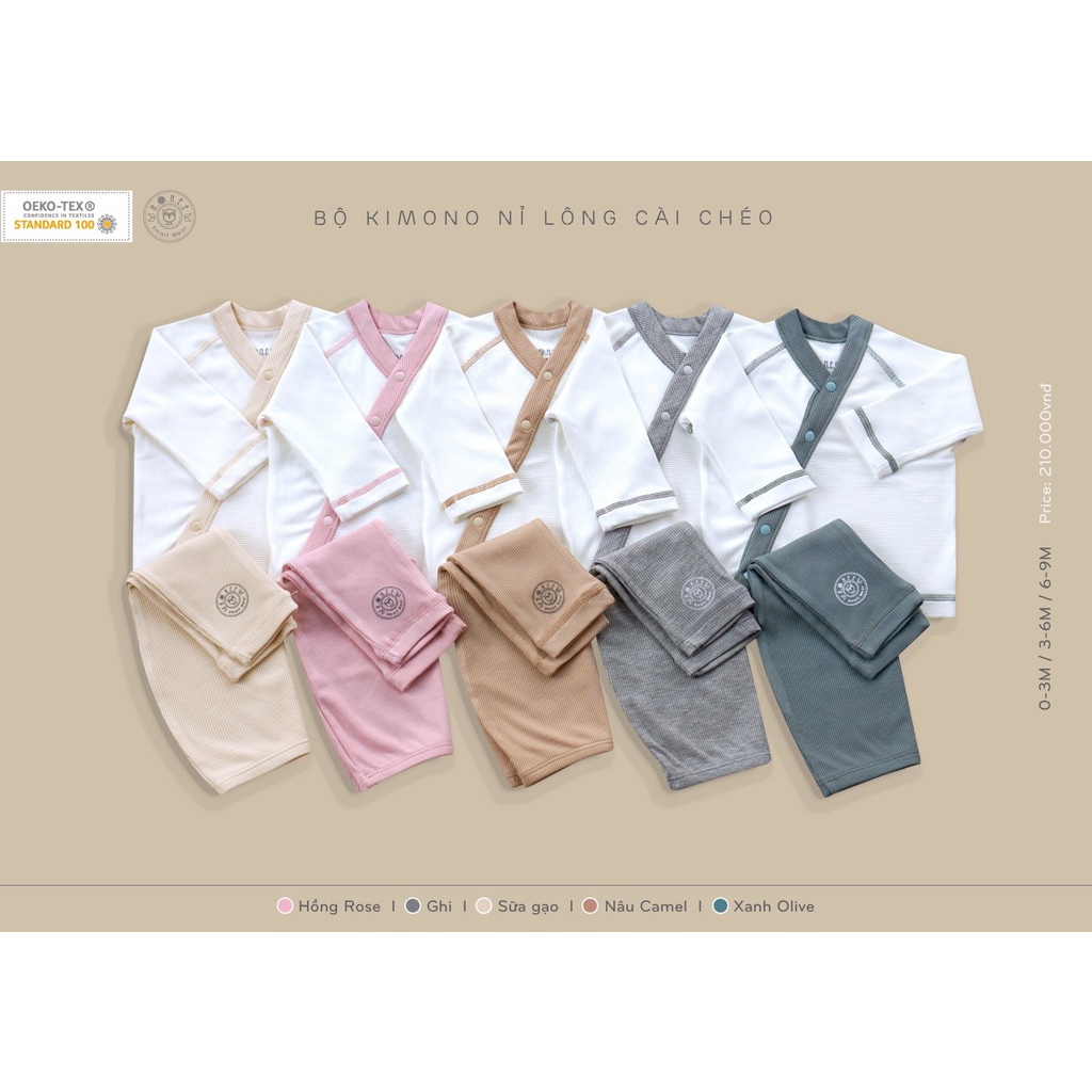 (HRNEE) Bộ sơ sinh Kimono nỉ lông cài chéo Hrnee
