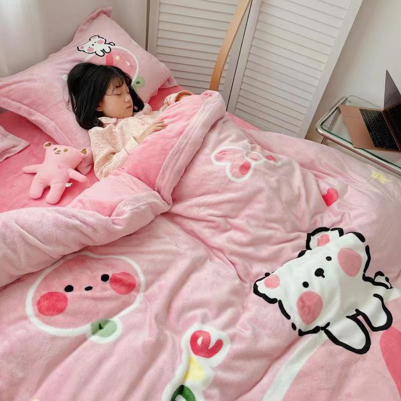 Bộ chăn ga gối drap giường Nỉ nhung 3D mẫu quả đào hồng - Ngân Khánh Bedding ga giường
