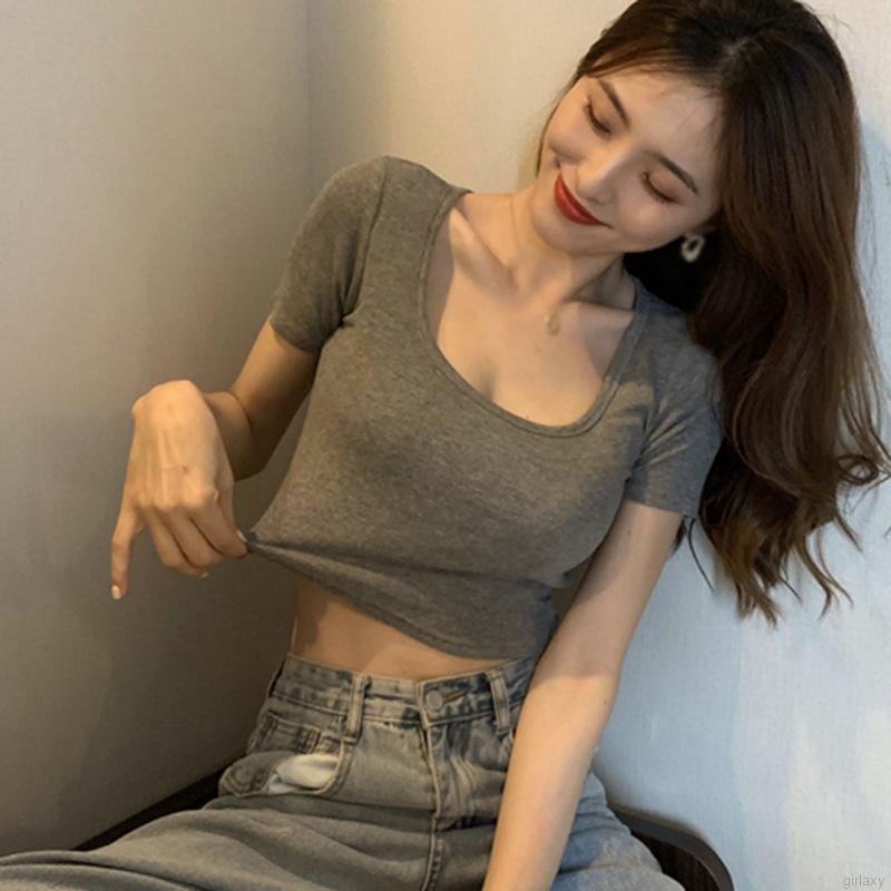 Áo Thun Lửng Tay Ngắn Cổ Vuông Màu Trơn Phong Cách Hàn Quốc