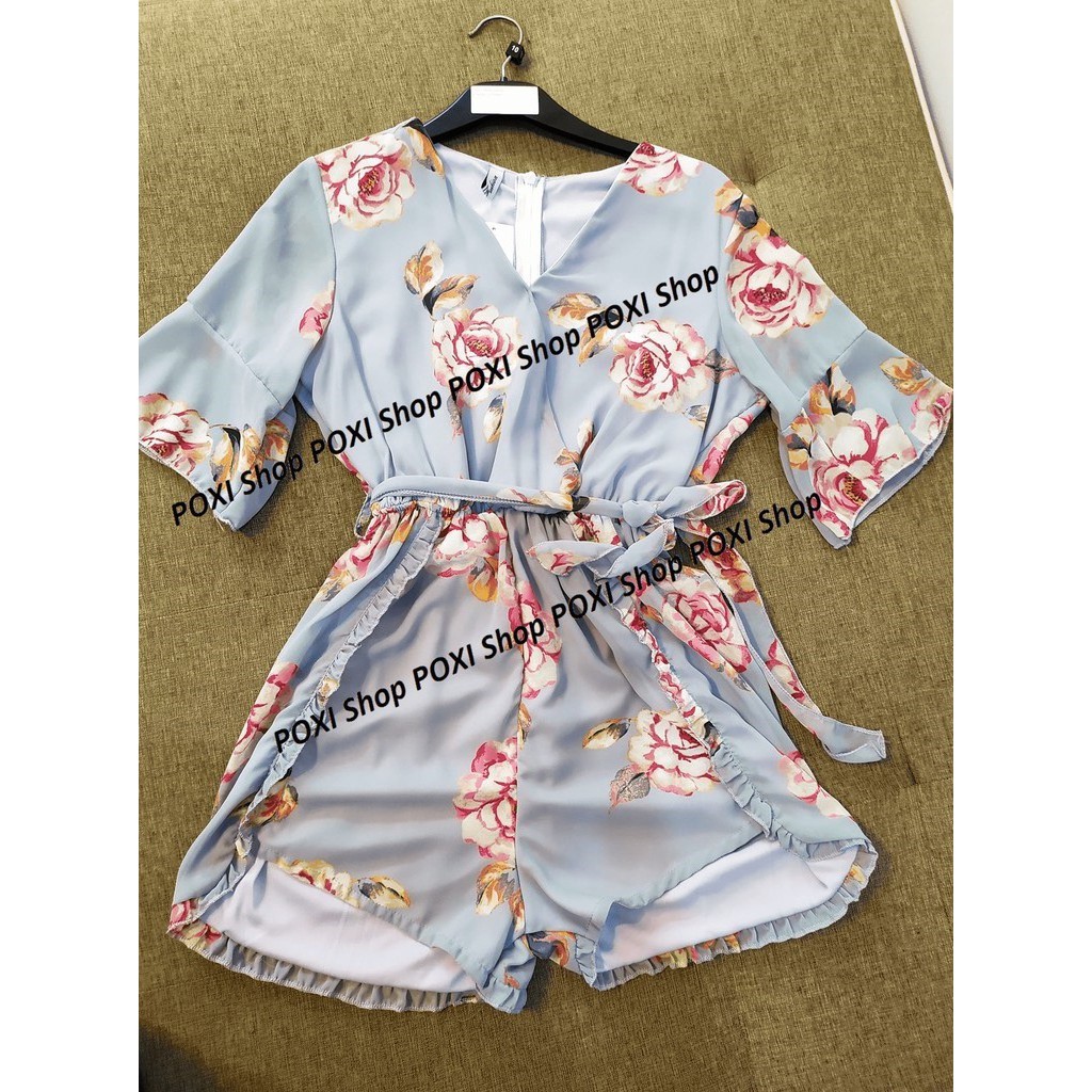 Jumpsuit Hoa Tay Lỡ Cổ V (Xanh)