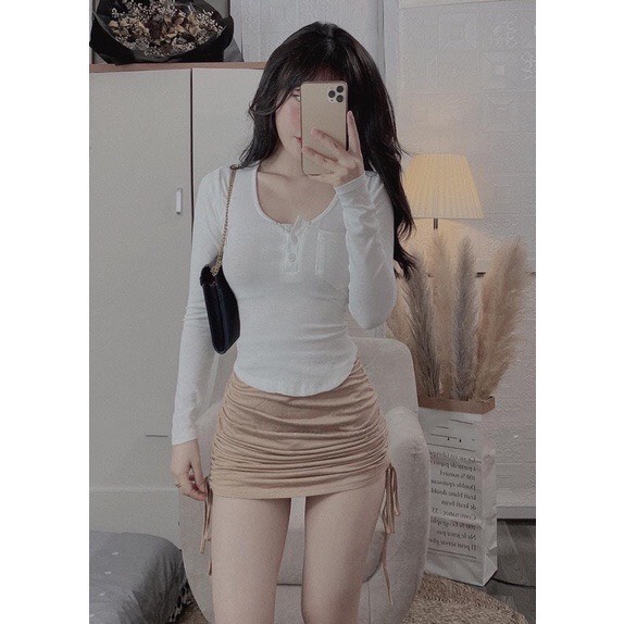 Set đi chơi nữ áo thun lụa tay dài phối nút kèm chân váy rút dây 2 bên. free size dưới 55kg