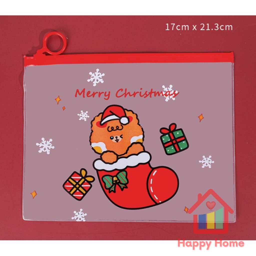 Túi zip họa tiết noel, cây giáng sinh trong suốt đựng bút, tẩy, đồ dùng học tập đa năng Happy Home