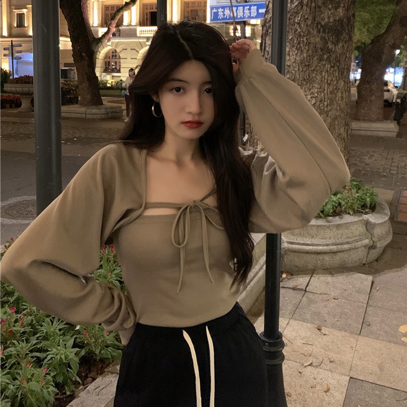 Set áo nữ ZHELIHANGFEI gồm áo hai dây và cardigan dệt kim cột cây gợi cảm thời trang