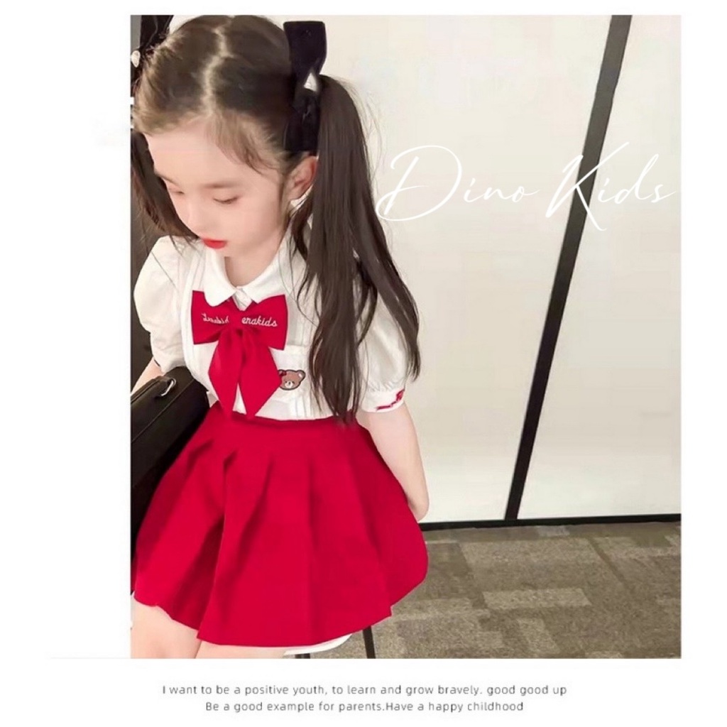 Đồng phục học sinh, set váy 3ct: áo sơ mi trắng thêu mặt gấu, chân váy xếp ly và nơ siêu xinh cho bé gái size 12-24kg