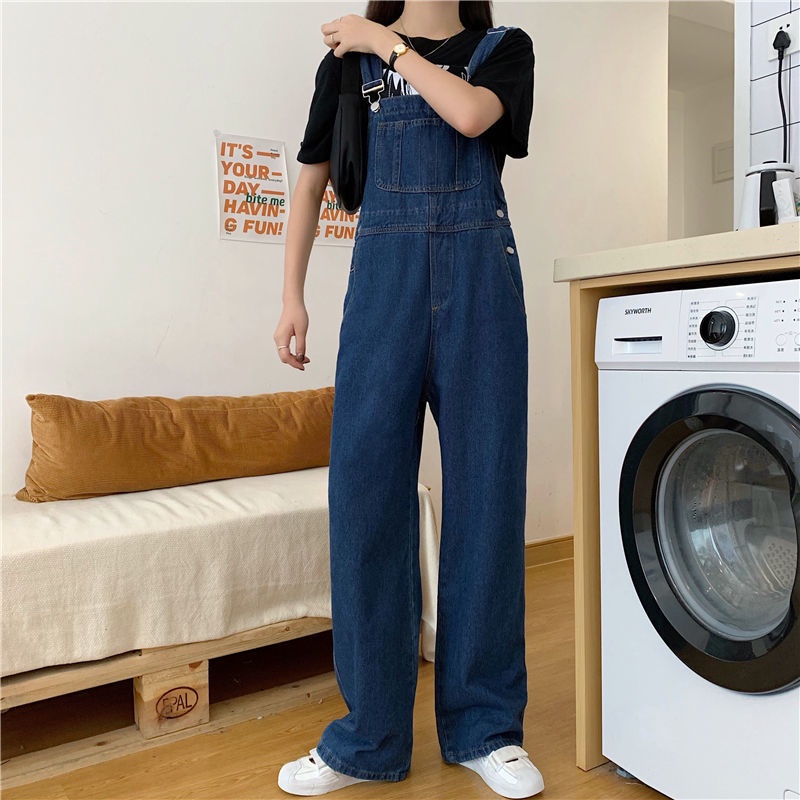 Quần yếm denim ống rộng phong cách Hàn Quốc thời trang cho nữ