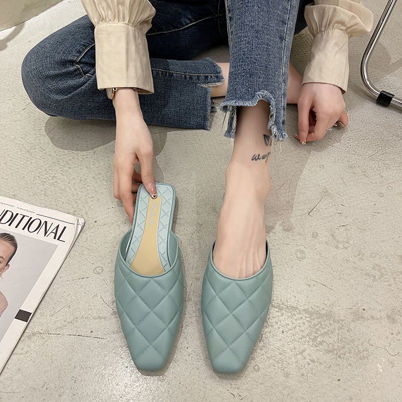 Giày sục bệt Meihuile xuất xịn hở gót nhựa dẻo thơm bít mũi chần ô vuông xanh, be, nâu, đen