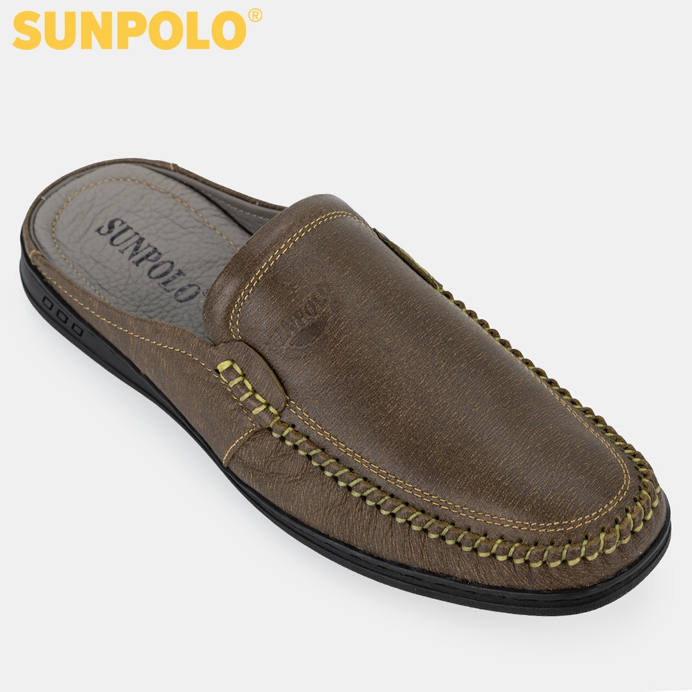 Dép Sục Nam Da Bò SUNPOLO Nâu bò Xanh rêu - SPO218