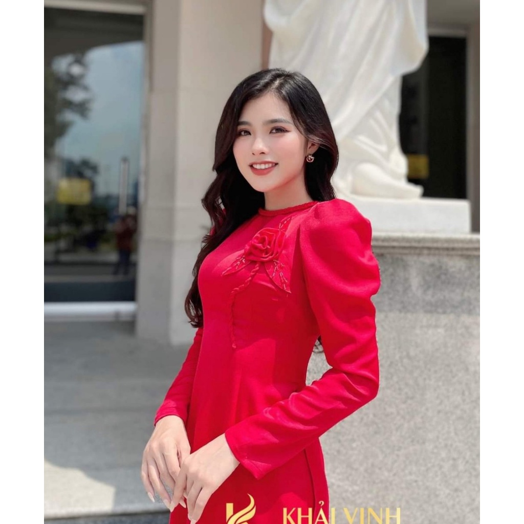 Áo dài đỏ đô tơ mềm cao cấp tay bồng đính hoa - Áo Dài Đan Linh