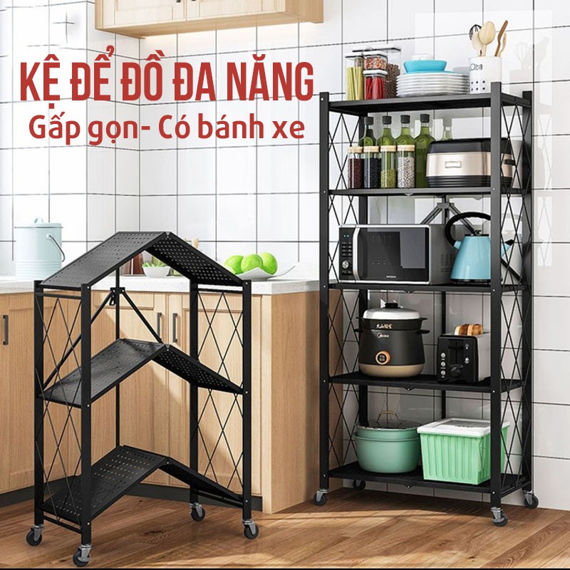 Kệ Để Đồ Nhà Bếp Đa Năng Gấp Gọn Kệ Để Hàng Thép Cacbon Sơn Tính Điện Có Bánh Xe