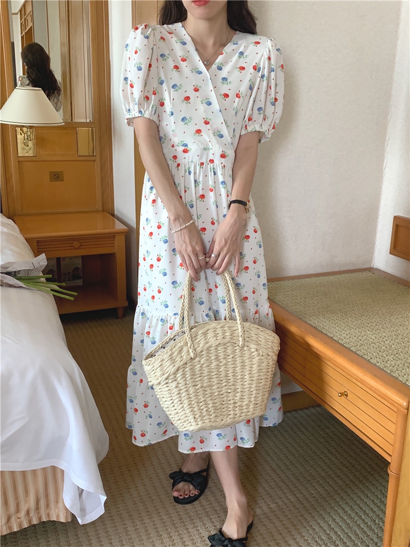 Đầm Hoa Ngắn Tay Cổ Chữ V Thời Trang Hàn Quốc Mới 52110