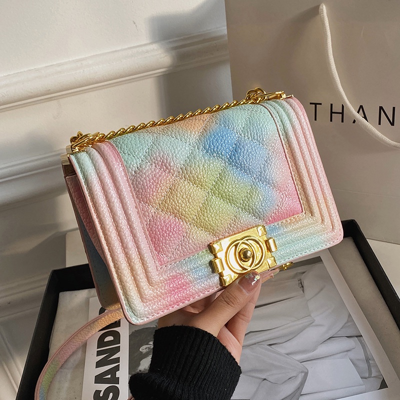 Faya - Túi xách đi tiệc chần ô ombre cầu vồng sang trọng T1125