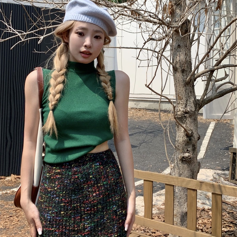 Áo Dệt Kim Sát Nách Cổ Cao Thời Trang Mùa Thu Cho Nữ