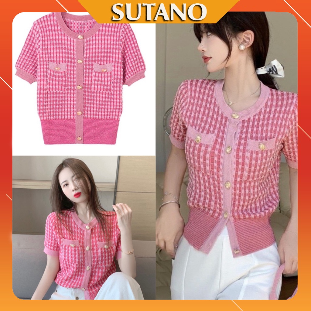 Áo Cadigan Nữ, Áo Dệt Kim Ngắn Tay Len Mỏng Màu Hồng Siêu Sang Chảnh A448 SUTANO