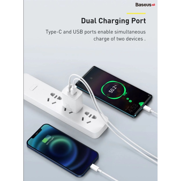 Củ sạc 20W U-C Baseus 2 cổng USB + Type C dùng tốt cho các dòng Iphone/Samsung An Toàn - Chính Hãng