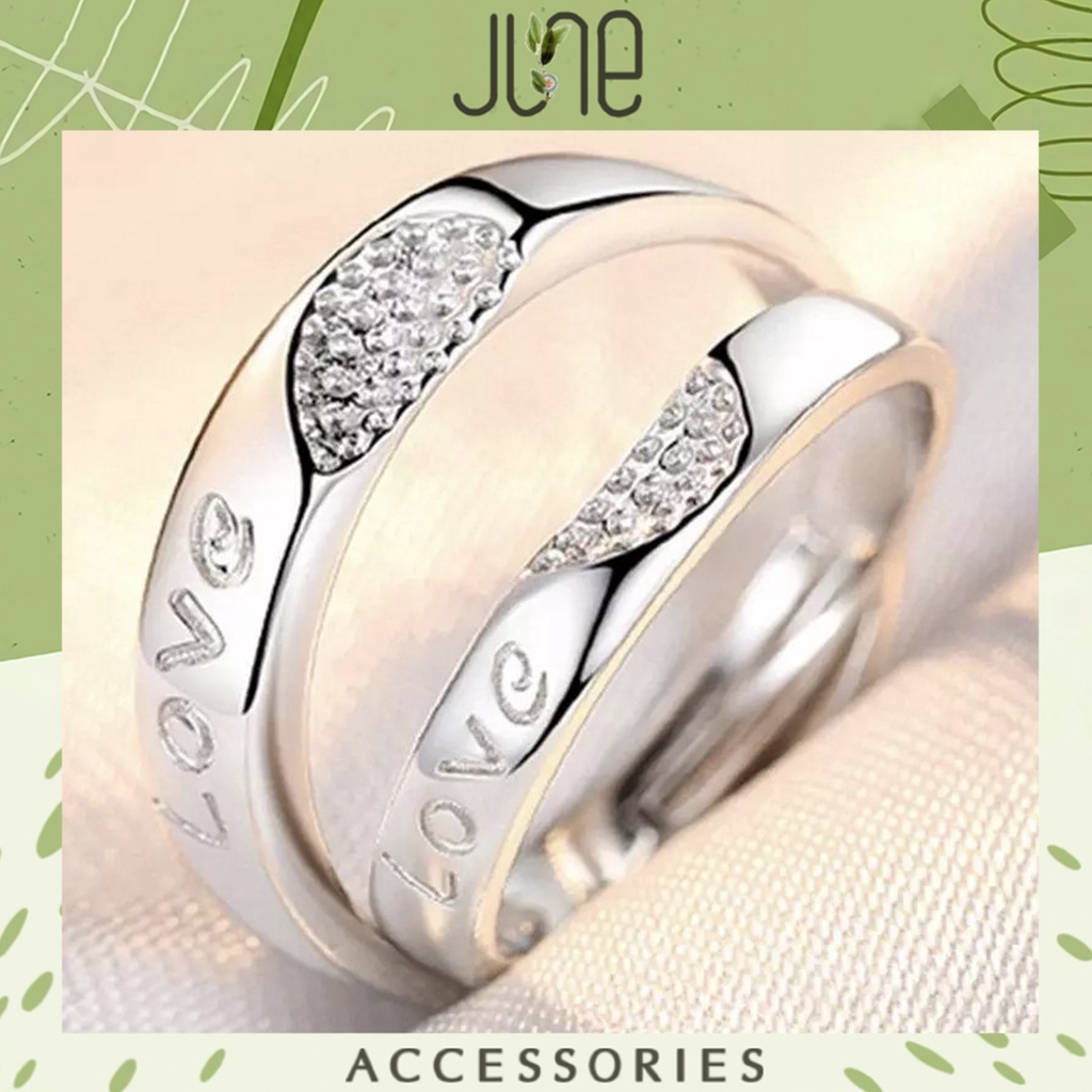 Nhẫn đôi mạ bạc s925 khắc lazer chữ love bền màu có thể điều chỉnh size theo kích thước ngón tay June accessories