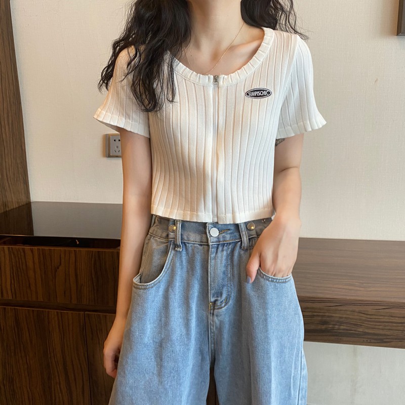 Áo croptop dệt kim cổ tròn thiết kế khóa kéo phong cách Hàn Quốc thời trang nữ | BigBuy360 - bigbuy360.vn