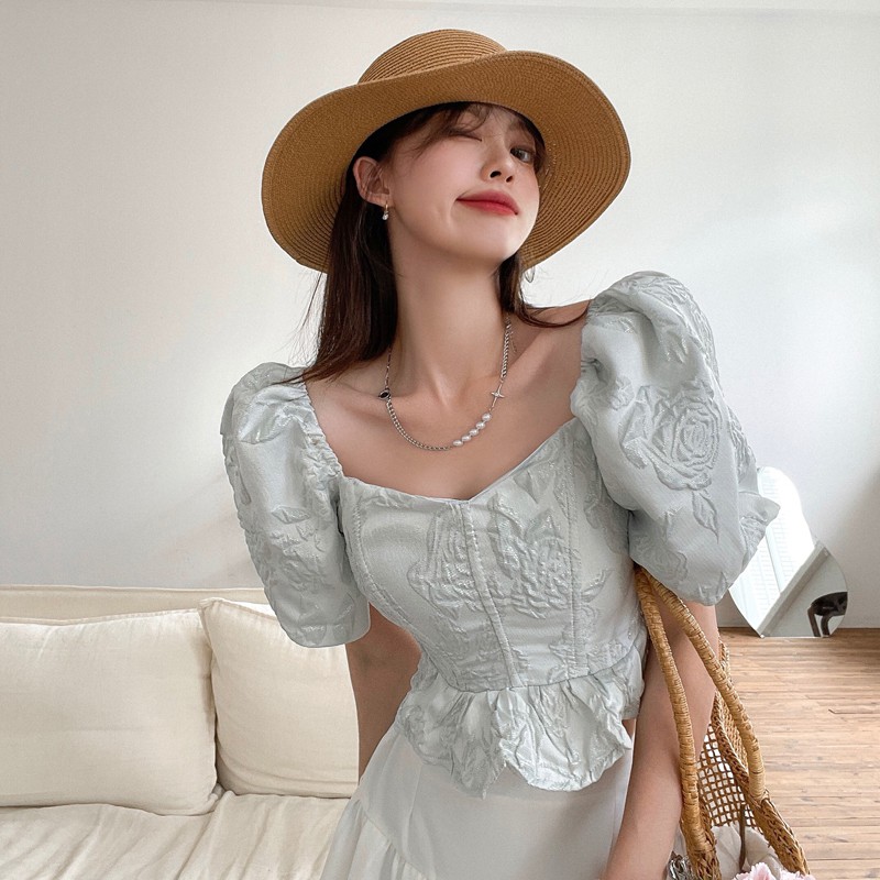 Áo Kiểu Tay Phồng Ngắn Phối Bèo Nhún Kiểu Hàn Quốc Dễ Thương Cho Nữ
