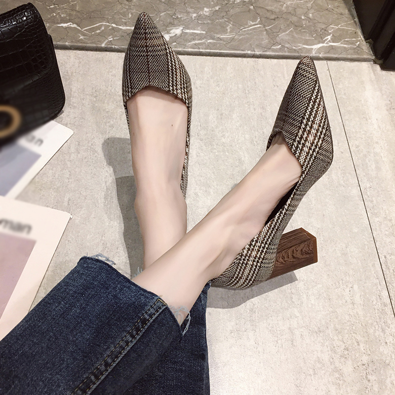 Giày cao gót mũi nhọn kẻ sọc caro phong cách Hàn Quốc nữ tính
