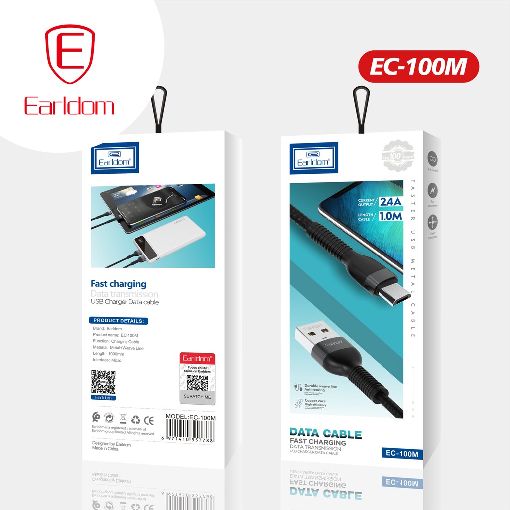 Cáp sạc bọc dù màu đen 1M/1.5M Earldom EC-100 chính hãng