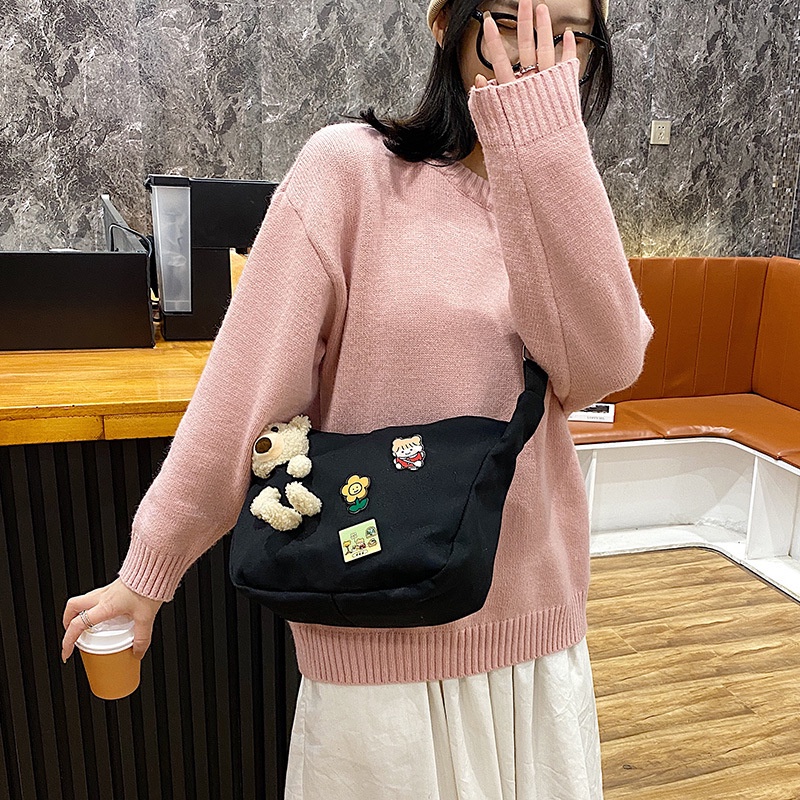 Túi Xách Đeo Vai Vải Bạt Cỡ Lớn Hình Gấu Thời Trang Hàn Quốc 2022 Cho Nữ