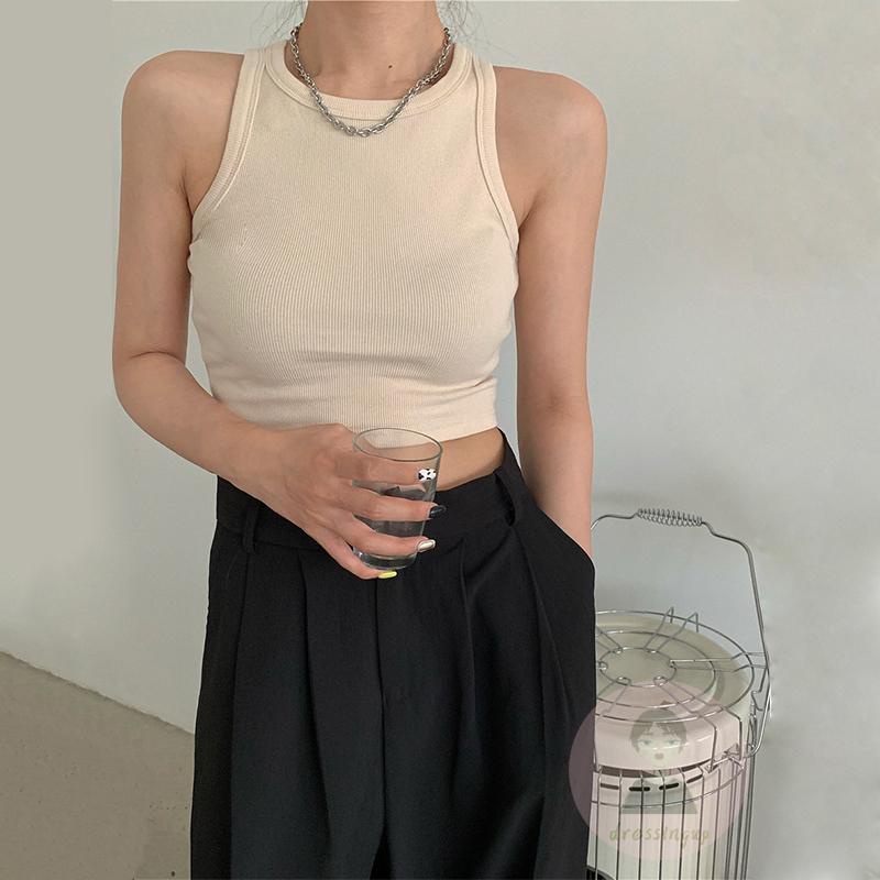 DRE-Women´s Round Collar Tank Tops, Solid Color Sleeveless Navel Tank Tops