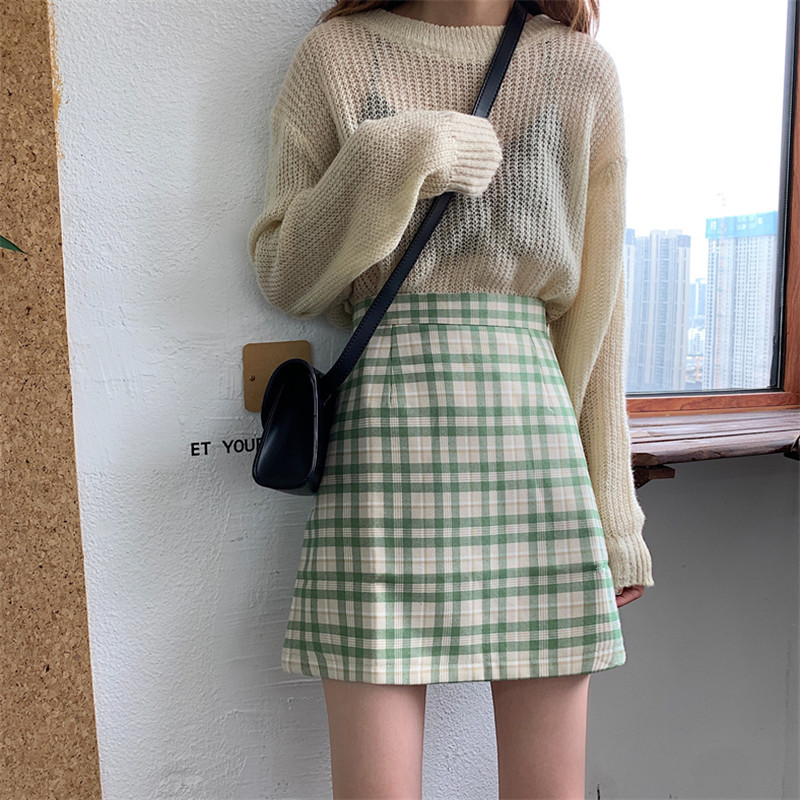 SUXI Chân váy chữ a lưng cao họa tiết sọc caro phong cách retro thời trang cho nữ