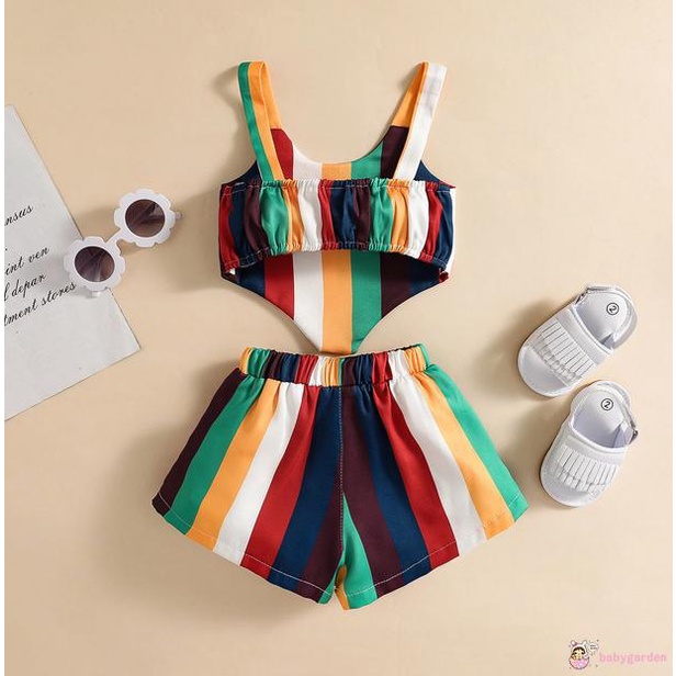 Bộ Áo Hai Dây + Quần Ngắn Lưng Cao Họa Tiết Sọc Cầu Vồng Thời Trang Mùa Hè Cho Bé Gái 0-4 Tuổi