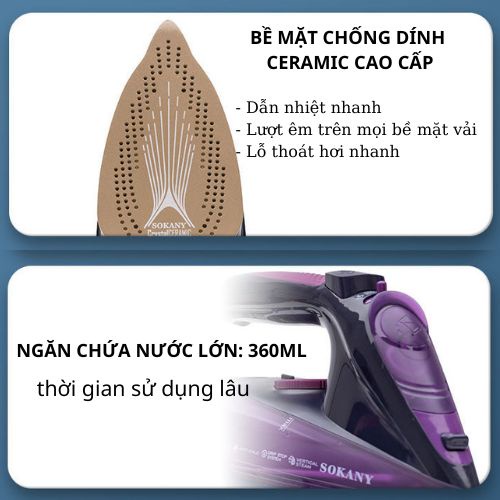 Bàn ủi bàn là hơi nước không dây SOKANY AJ-2085 (2400W) - Hàng chính hãng bảo hành 2 năm.