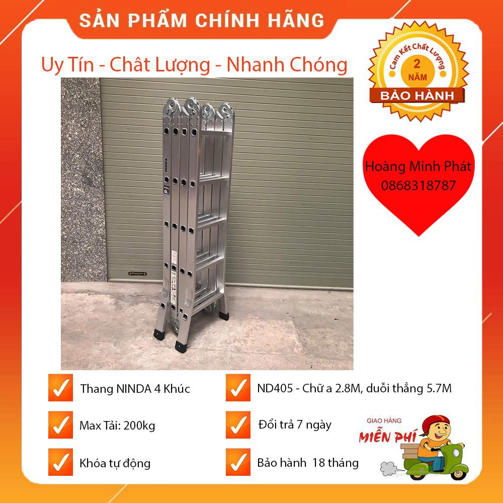 Thang nhôm Ninda ND-405 gấp chữ M, cao 5m7